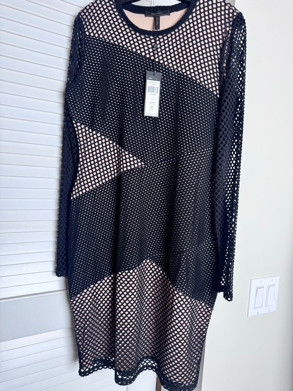 NWT BCBGMAXAZRIA Jorden Black Mesh Overlay Bodycon Dress Large BCBG